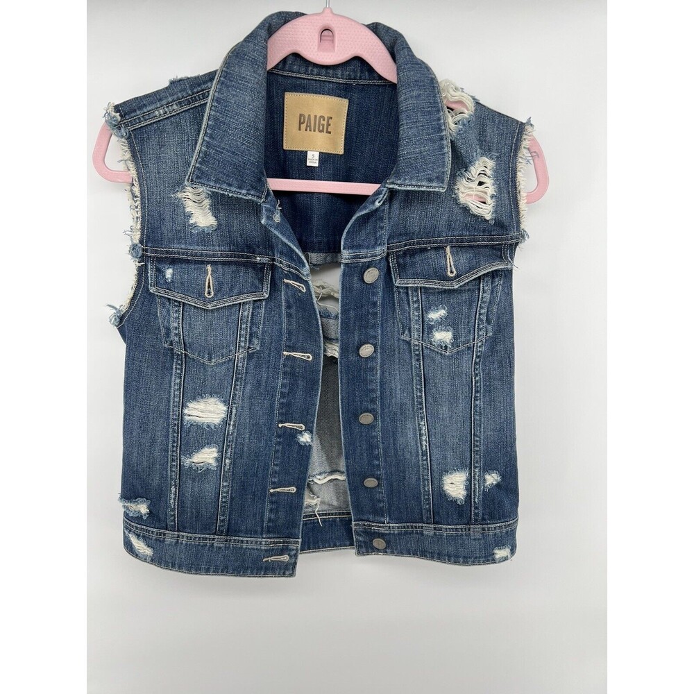 PAIGE Blue Denim Distressed Sleeveless Button Vest Size S Womens
